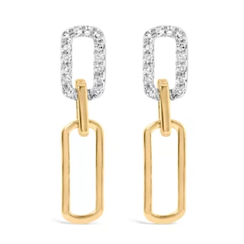 14K Yellow Gold 1/10 Ct Diamond Studded Paperclip Drop and Dangle Earrings