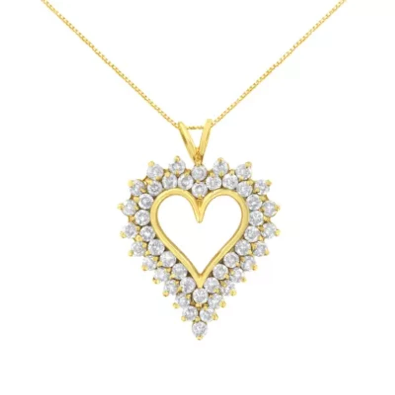 14K Yellow Gold Silver 4 cttw Round-cut Diamond Cluster Heart Pendant Necklace