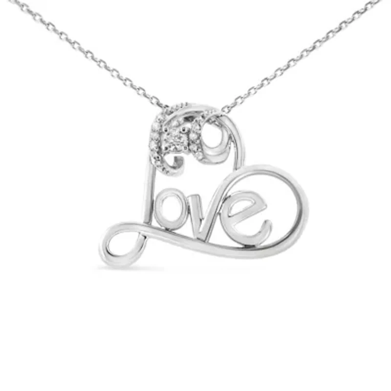 Silver 1/10 Cttw Round Diamond Accented Open Heart with Love 18" Pendant Necklace