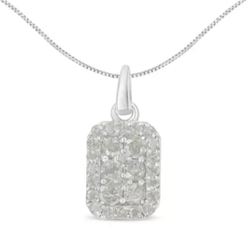 .925 Sterling Silver 1 cttw Diamond Block Pendant Necklace