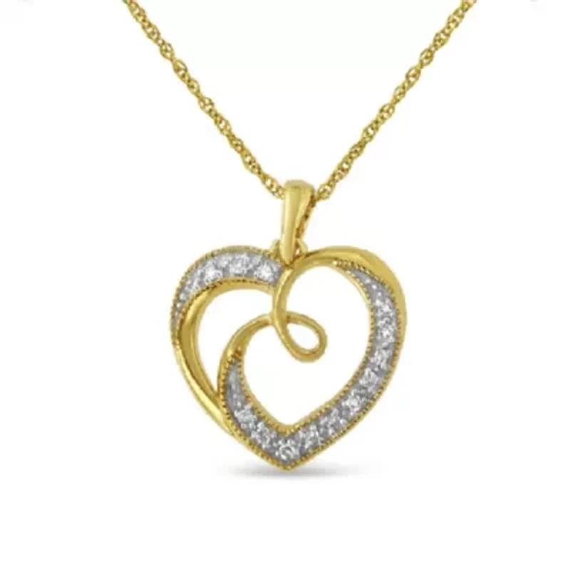 14K Yellow Gold Plated Silver Diamond Accent Ribbon & Heart 18" Pendant Necklace