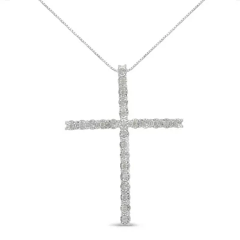 Silver 1/2 Cttw Brilliant Cut Diamond Miracle-Set Cross 18" Unisex Pendant Necklace