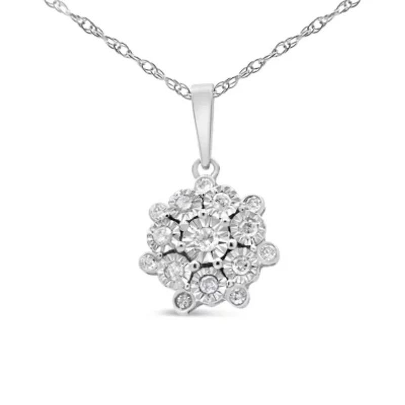 .925 Sterling Silver 1/4 cttw Diamond Floral Cluster Pendant Necklace