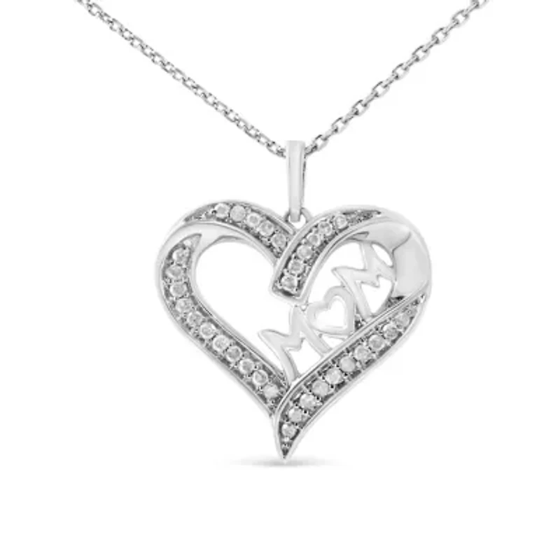 .925 Sterling Silver 1/4 cttw Diamond Engraved "Mom" in Heart Pendant Necklace