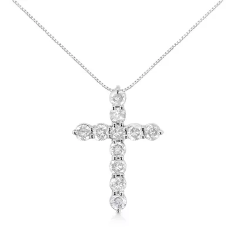 .925 Sterling Silver 1.0 Cttw Prong Set Diamond Cross 18" Pendant Necklace