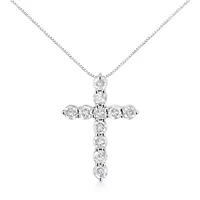 .925 Sterling Silver 1.0 Cttw Prong Set Diamond Cross 18" Pendant Necklace
