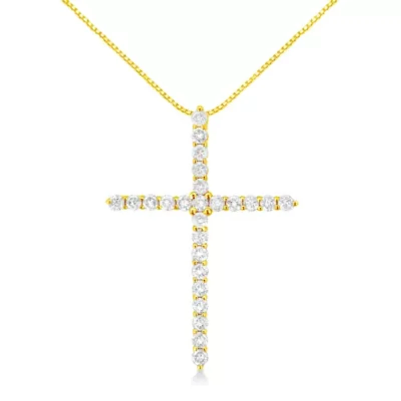 10K Yellow Gold Plated Silver 2.0 Cttw Round Cut Diamond Cross Pendant Necklace 18"