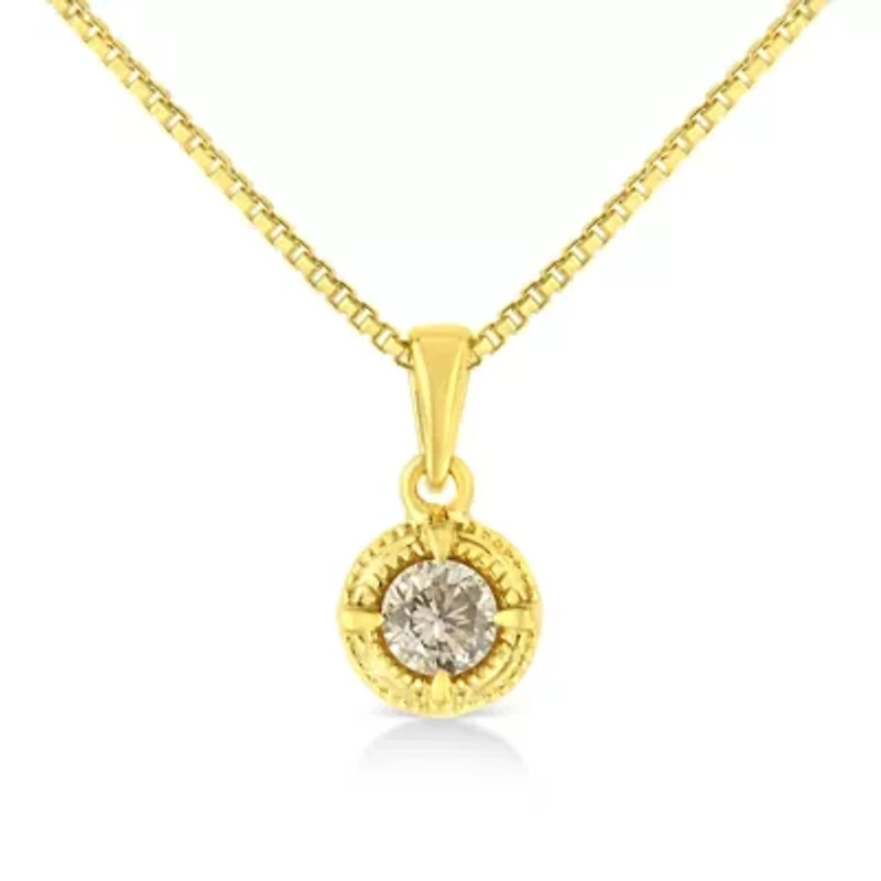 14K Yellow Gold Plated Silver 1/2 Cttw Diamond Solitaire Milgrain Pendant Necklace
