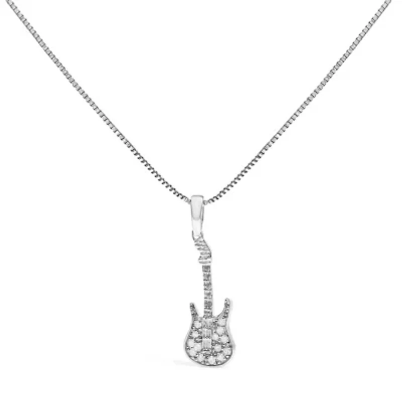 .925 Sterling Silver 1/10 Cttw Diamond Studded Guitar Pendant Necklace - 18" Inches