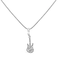 .925 Sterling Silver 1/10 Cttw Diamond Studded Guitar Pendant Necklace - 18" Inches