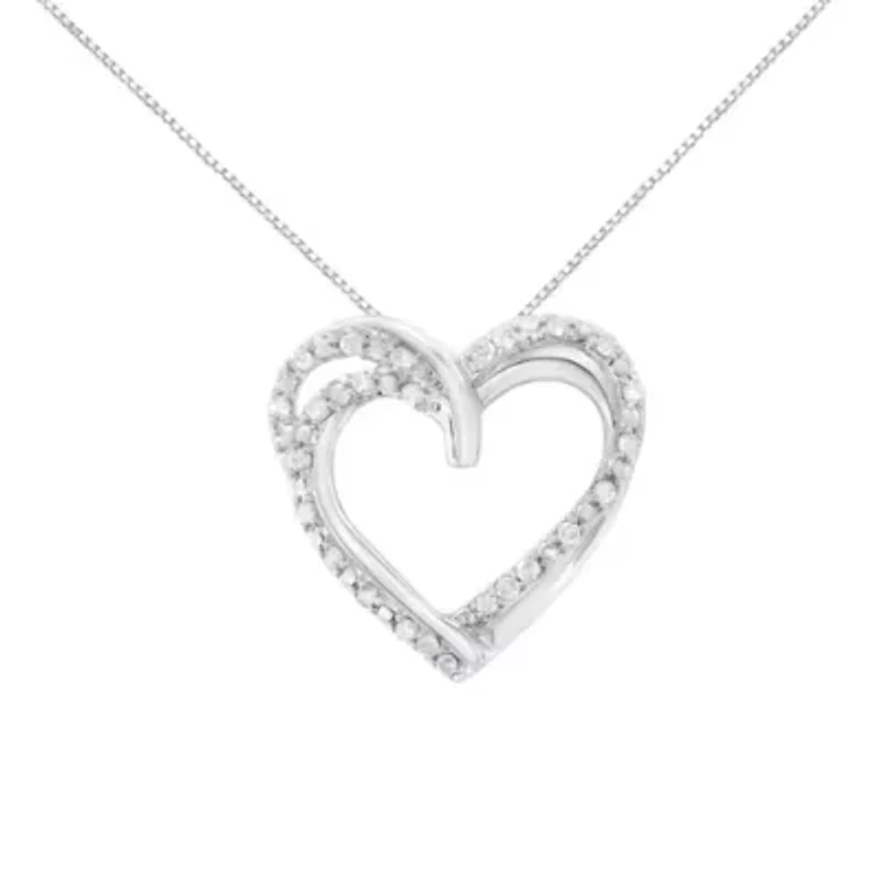 Silver 1/4 cttw Prong Set Round-Cut Diamond Woven Double Heart 18" Pendant Necklace