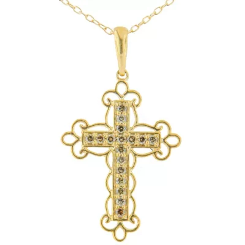 10K Yellow Flashed Silver 1/4 Cttw Champagne Diamond Filigree Cross Pendant Necklace