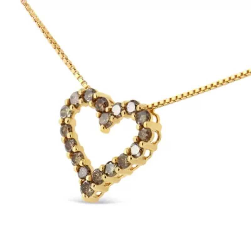 14K Yellow Gold Plated Silver 1.0 Cttw Champagne Diamond Heart Pendant Necklace -