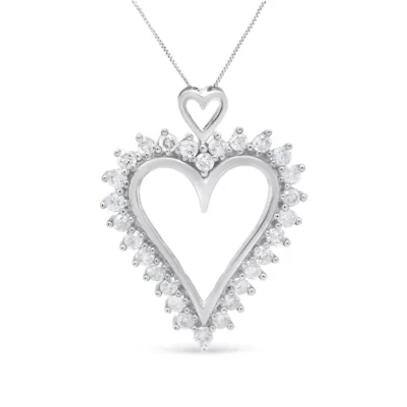 .925 Sterling Silver 1 3/4 Cttw Round Diamond Lined Open Heart Pendant 18" Necklace