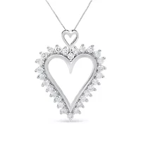 .925 Sterling Silver 1 3/4 Cttw Round Diamond Lined Open Heart Pendant 18" Necklace