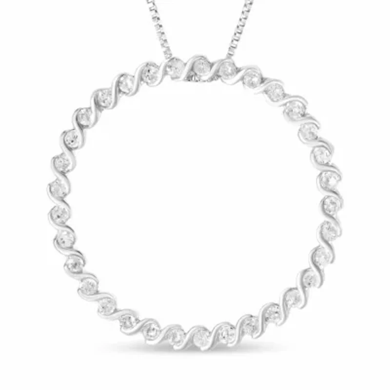 Silver 3/4 Cttw Round Diamond Spiral Curved Circle Pendant 18" Necklace