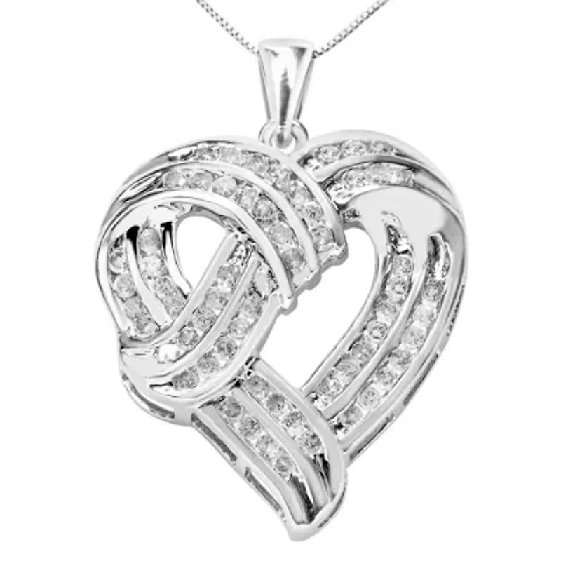 Silver 1 1/4 Cttw Round Diamond Openwork Ribbon Weave Heart Pendant 18" Necklace