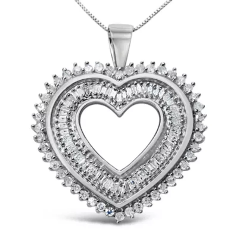 .925 Sterling Silver 1.0 Cttw Baguette and Round Diamond Heart Pendant 18" Necklace