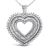 .925 Sterling Silver 1.0 Cttw Baguette and Round Diamond Heart Pendant 18" Necklace