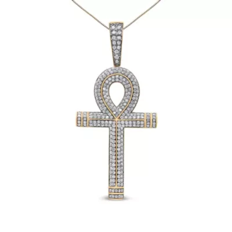 10K Yellow Gold 1 7/8 Cttw Diamond Ankh Cross Pendant for Men - NO CHAIN