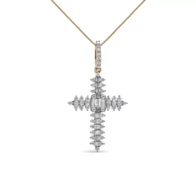 10K Yellow Gold 7/8 Ctw Diamond Zigzag Pattern Cross Pendant - NO CHAIN INCLUDED
