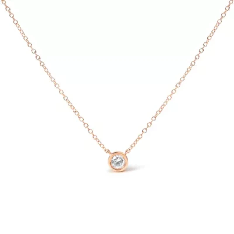 14K Rose Gold Plated Sterling Silver Bezel- Diamond Solitaire Pendant Necklace