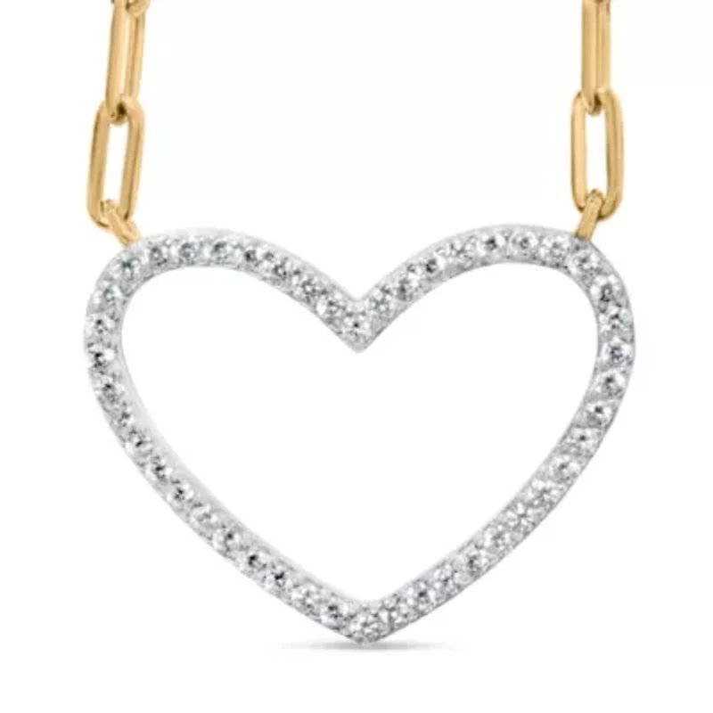 14K Yellow Gold Plated Silver 1/4 Cttw Diamond Heart with Paperclip Chain Necklace