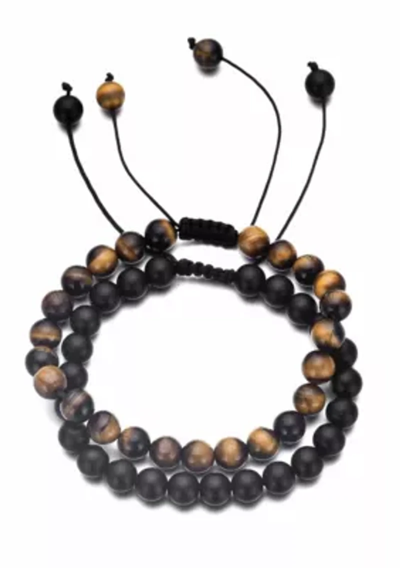 Adjustable Men's Black and Tiger's Eye Bracelet Set