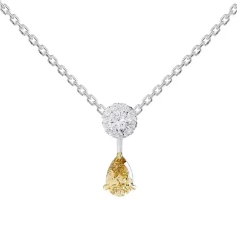 Lab Created Sterling Silver Two-tone 1.30 Ct Round & Pear Cut White & Yellow Lab Grown Diamond Pendant Necklace 18"
