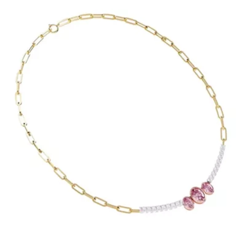 Lab Created Sterling Silver Two-tone 4.5 Ct Round & Oval Cut White & Pink Lab Grown Diamond Necklace 18"