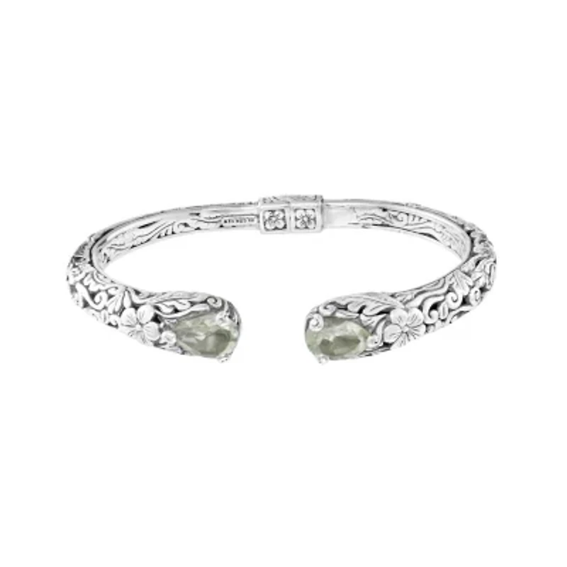 Sterling Silver Genuine Stone Flower Hinge Cuff Bracelet