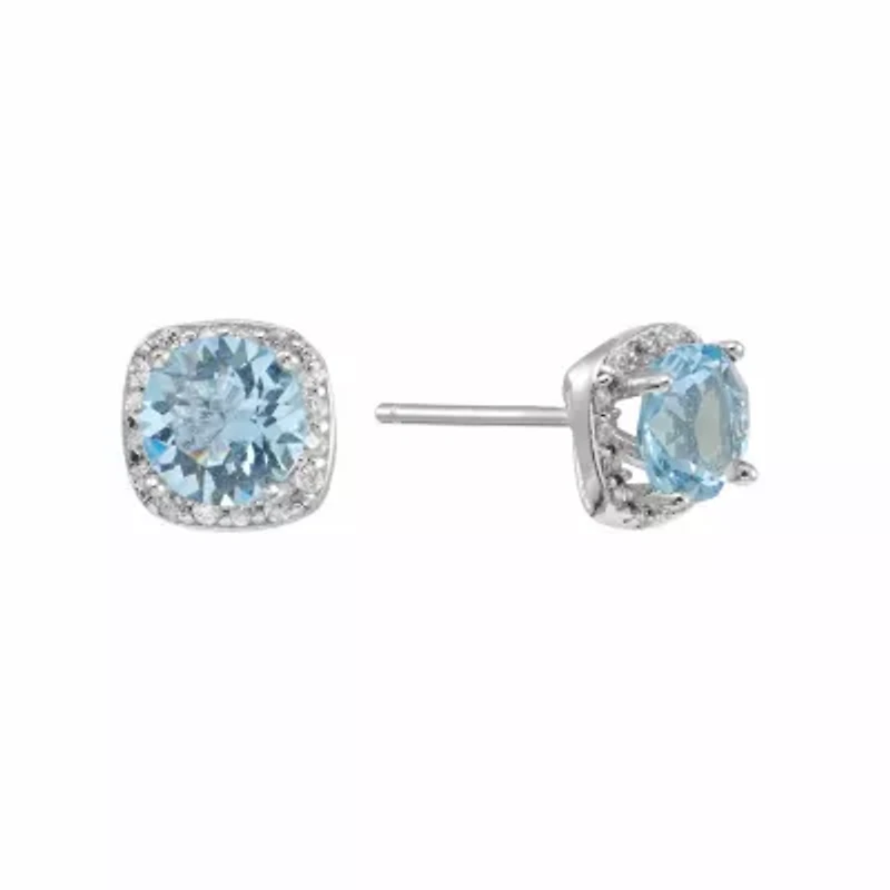 Sterling Silver Light Aqua Crystal and Cubic Zirconia Halo Stud Earrings
