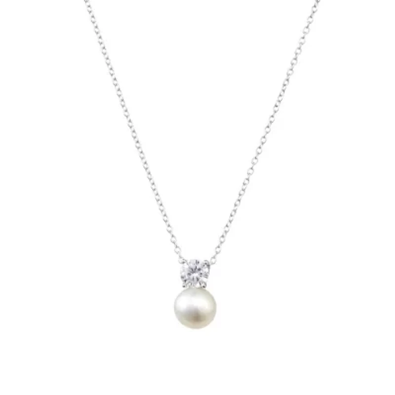 Sterling Silver 18IN Fresh Water Pearl and Cubic Zirconia Pendant Necklace