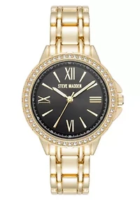 Steve Madden Women's Charming Black and Gold-Tone Alloy Metal Bracelet Watch, 38mm