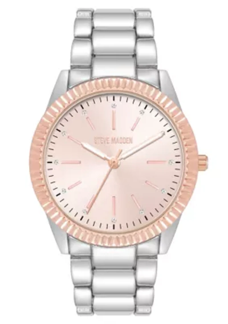 Steve Madden Women's Coin Edge Silver-Tone and Rose Gold-Tone Alloy Metal Bracelet Watch, 36mm