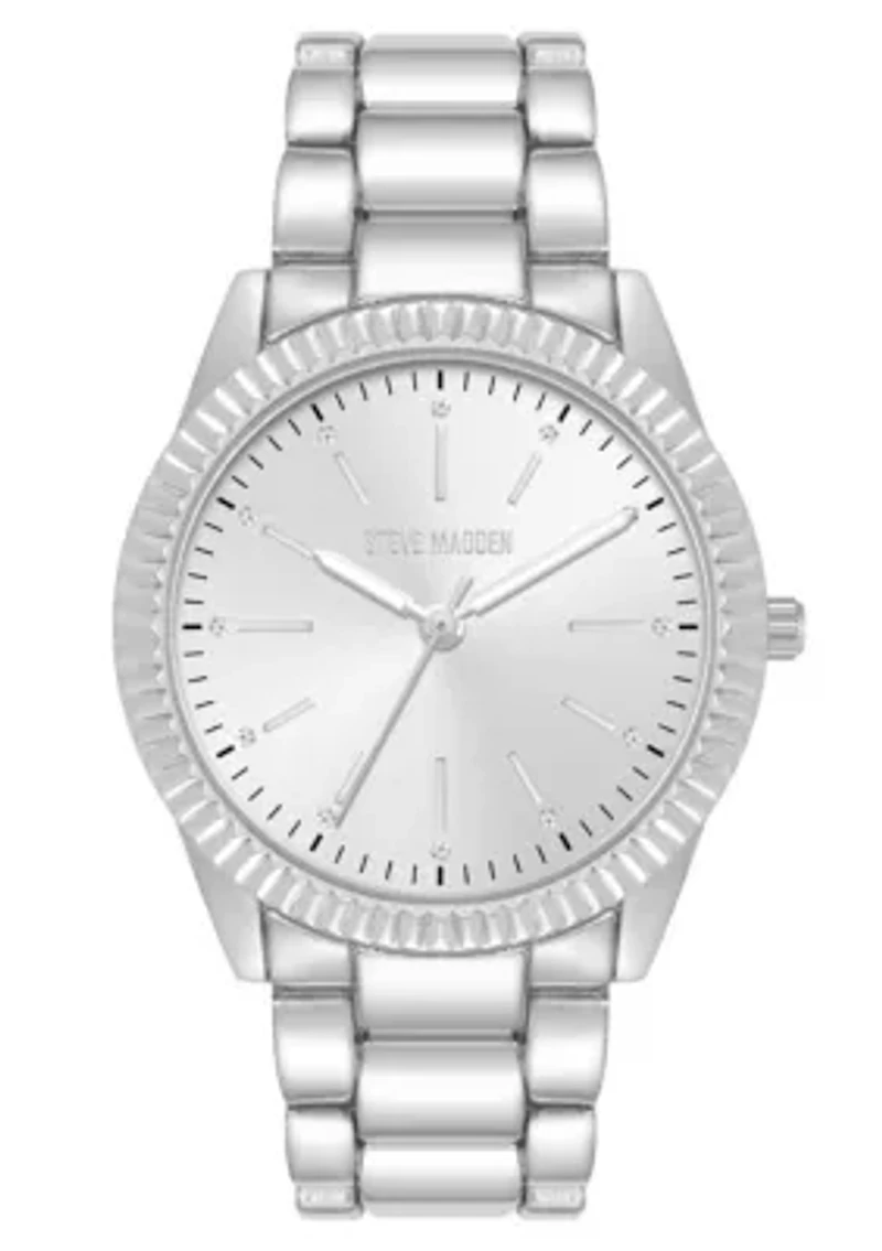 Steve Madden Women's Coin Edge Silver-Tone Alloy Metal Bracelet Watch, 36mm