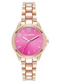 Steve Madden Women's Everyday Hot Pink and Rose Gold-Tone Alloy Metal Bracelet Watch, 30mm