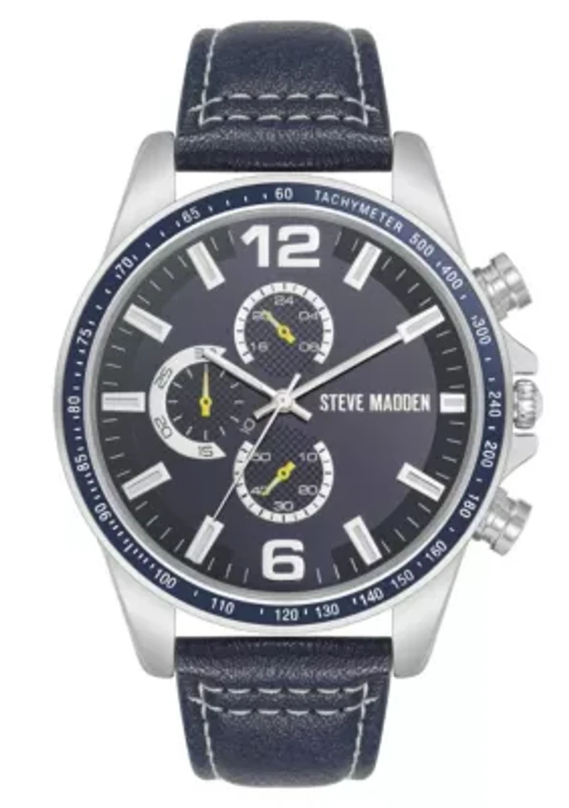 Steve Madden Men's Modern Navy Faux Leather and Silver-Tone Alloy Metal Watch, 45mm