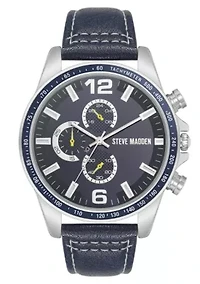 Steve Madden Men's Modern Navy Faux Leather and Silver-Tone Alloy Metal Watch, 45mm