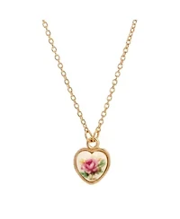 Gold Tone Flower Decal Heart Necklace 15" Adj.
