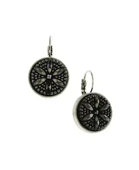 Silver-Tone Black Flower Stone Round Drop Earrings