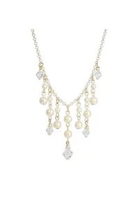 Silver Tone Pearl and Crystal Bib Necklace 15 Adj