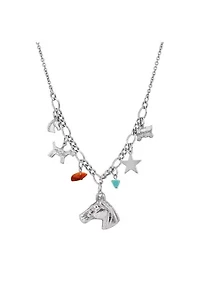 Silver-Tone Multi-Charm Horse Collar Necklace 16"Adj.