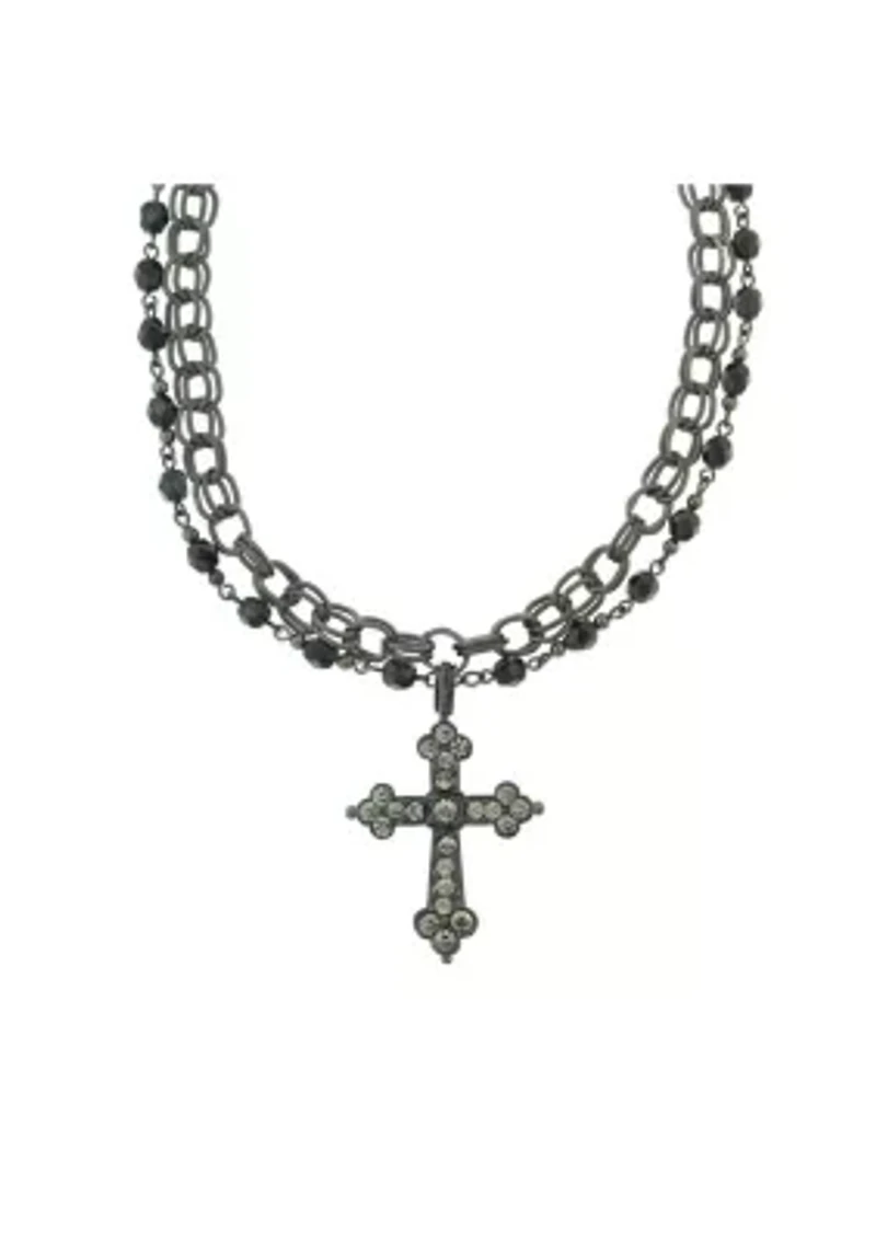 Jet Black Diamond Chain and Beaded Cross Necklace 16"Adj.