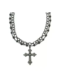 Jet Black Diamond Chain and Beaded Cross Necklace 16"Adj.
