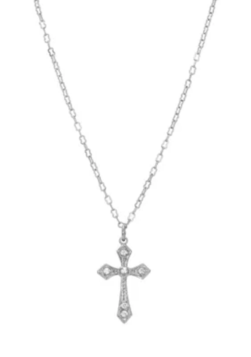 Silver-Tone and Crystal Cross Necklace 15"Adj.