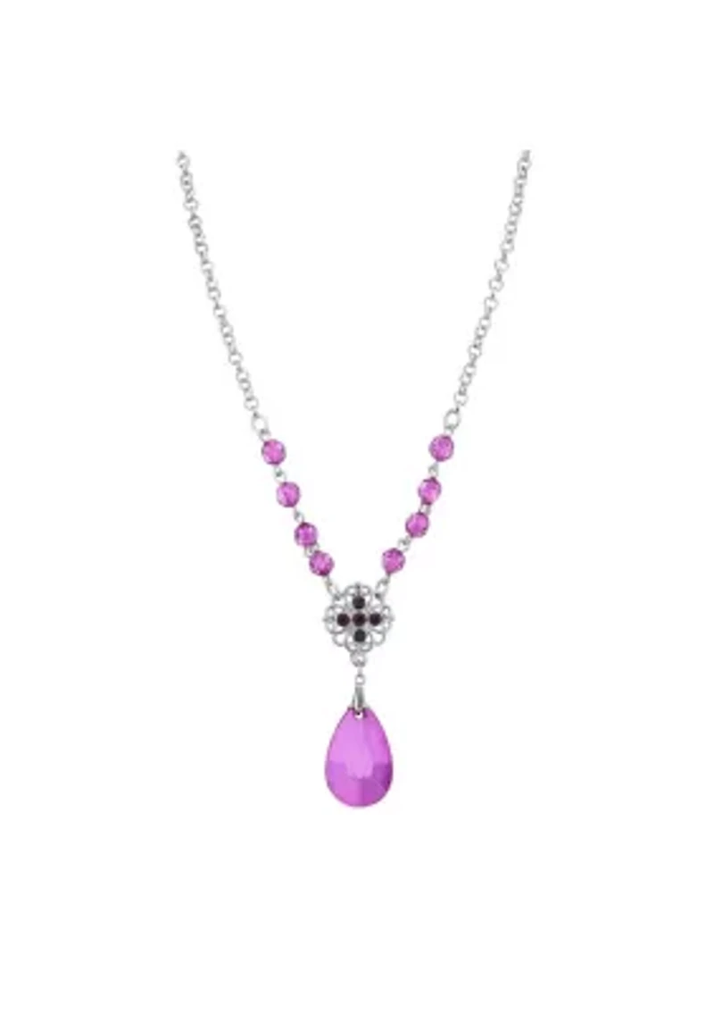 Silver-Tone Amethyst Purple Briolette Teardrop Necklace 16" Adj.