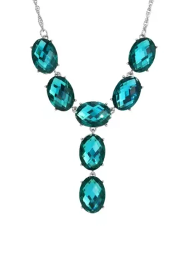 Silver-Tone Blue Oval Faceted Y-Neck Drop Necklace 15"Adj.