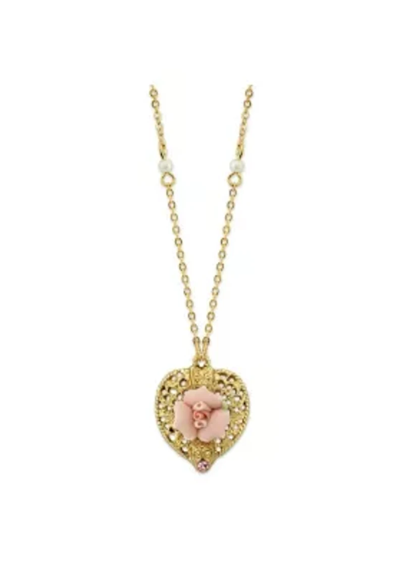 Gold-Tone Pink Crystal Heart and Pink Porcelain Rose Filigree Necklace 16" Adj.