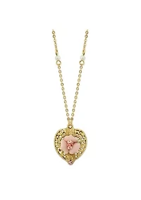 Gold-Tone Pink Crystal Heart and Pink Porcelain Rose Filigree Necklace 16" Adj.